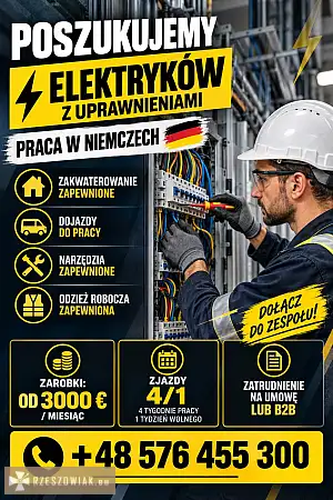 Poszukujemy doświadczonych elektryków z uprawnieniami do pracy przy projektach na terenie Niemiec. - RZESZOWIAK.EU