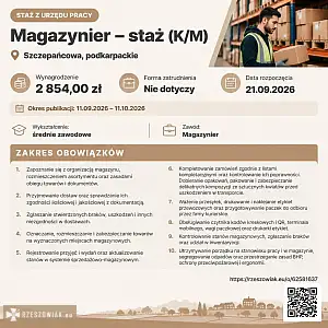 [ePraca] Magazynier - staż (K/M) - RZESZOWIAK.EU