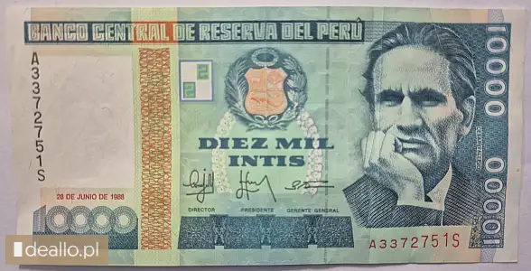 [eLicytacje] I licytacja - Banknot  10 000 intis peruwiańskich - 1988 r  - DEALLO.PL