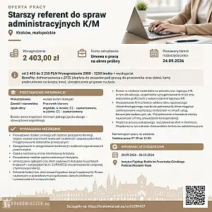 [ePraca] Starszy referent do spraw administracyjnych K/M - KRAKOWIACZEK.EU