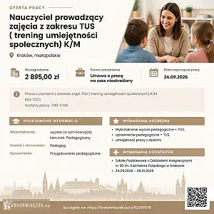 [ePraca] Nauczyciel prowadzacy zajęcia z zakresu TUS ( trening umiejętności społecznych) K/M - KRAKOWIACZEK.EU