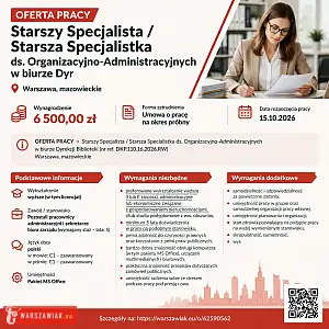 [ePraca] Starszy Specjalista / Starsza Specjalistka ds. Organizacyjno-Administracyjnych w biurze Dyr - WARSZAWIAK.EU