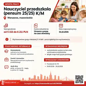 [ePraca] Nauczyciel przedszkola (pensum 25/25) K/M - WARSZAWIAK.EU