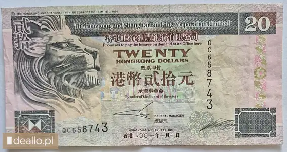[eLicytacje] I licytacja - banknot 20 dolarów Hong Kong  2001 r - DEALLO.PL