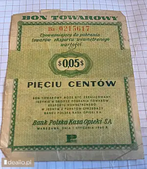 [eLicytacje] I licytacja - Bony towarowe o wartości 5 centów i 1 dolara z datą emisji 1.01.1960 r.  - DEALLO.PL